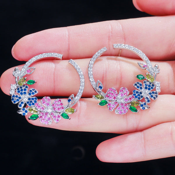 Mirco Pave Colorful Rose Red Cubic Zirconia Silver lovely Flower Round Stud Earrings