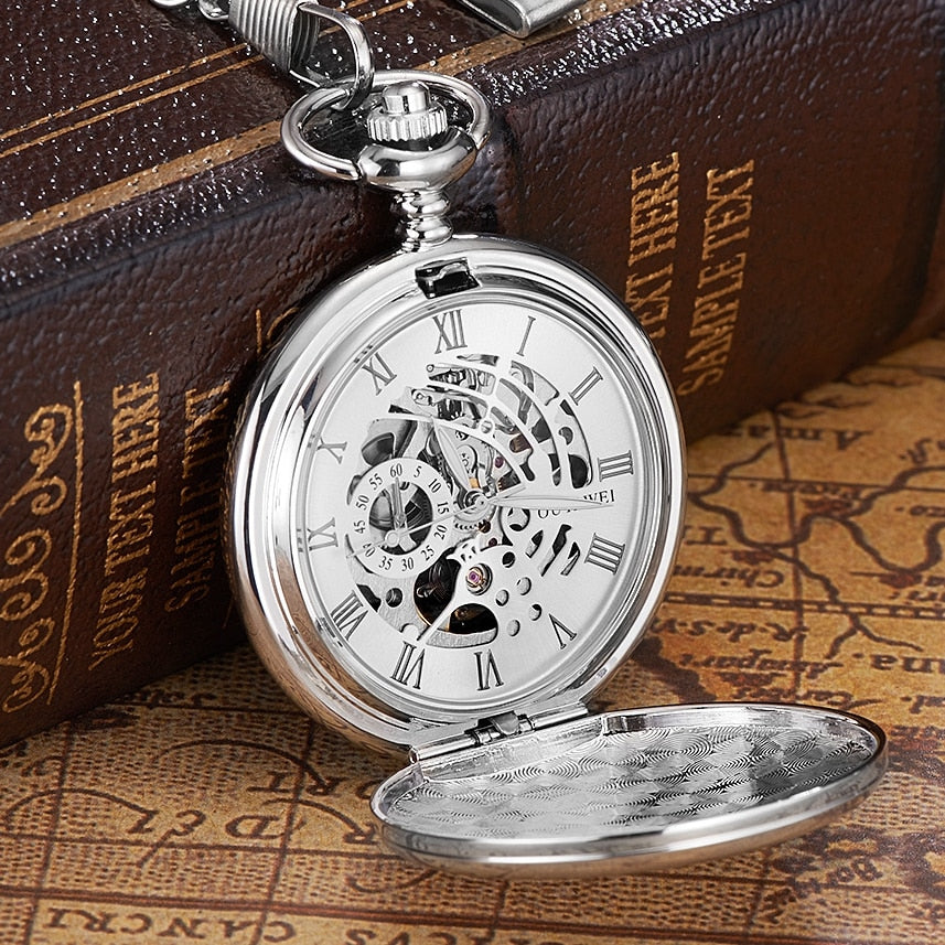 Skeleton dial Silver Hand Wind Mechanical Male Fob Chain Pocket Watch