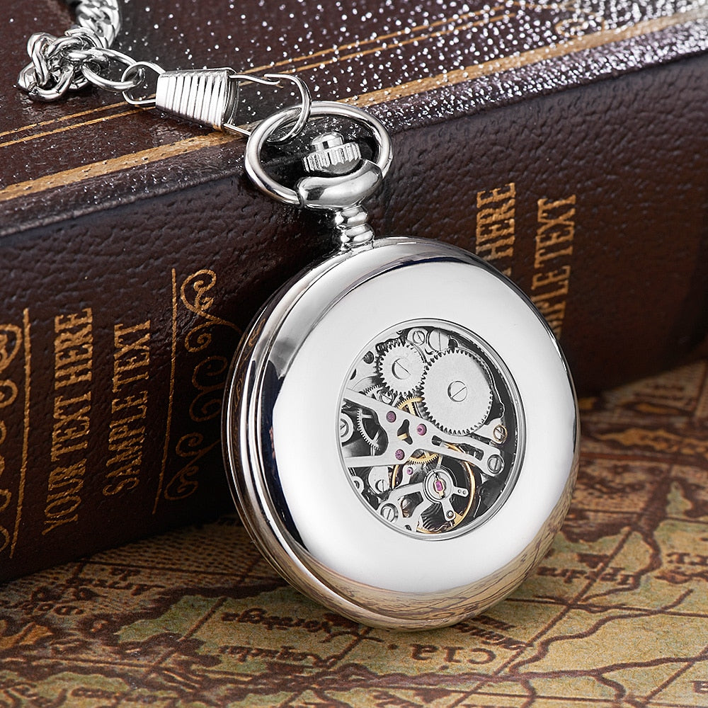 Skeleton dial Silver Hand Wind Mechanical Male Fob Chain Pocket Watch