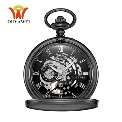 Skeleton dial Silver Hand Wind Mechanical Male Fob Chain Pocket Watch