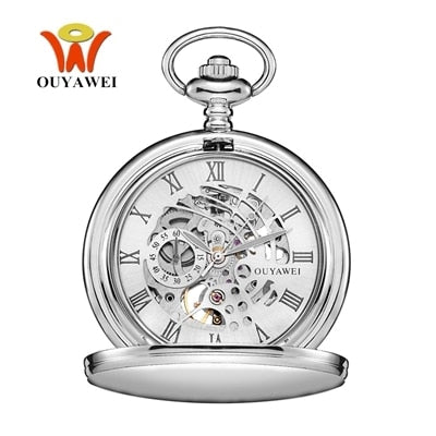 Skeleton dial Silver Hand Wind Mechanical Male Fob Chain Pocket Watch