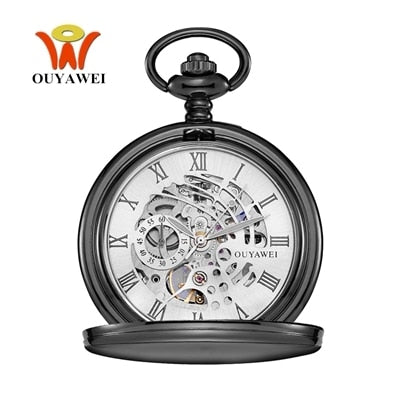 Skeleton dial Silver Hand Wind Mechanical Male Fob Chain Pocket Watch