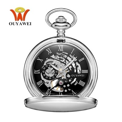 Skeleton dial Silver Hand Wind Mechanical Male Fob Chain Pocket Watch