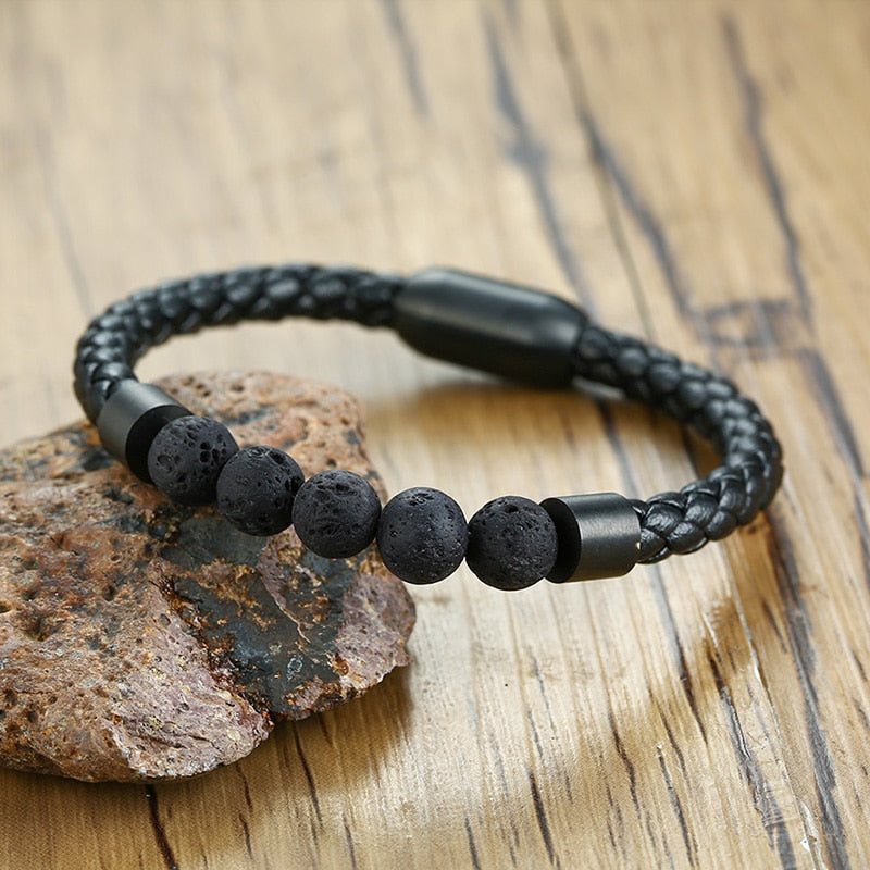 Men's Black Leather Volcanic Beaded Braclets