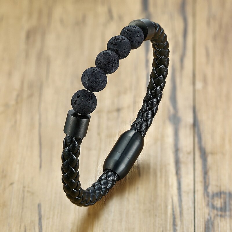 Men's Black Leather Volcanic Beaded Braclets