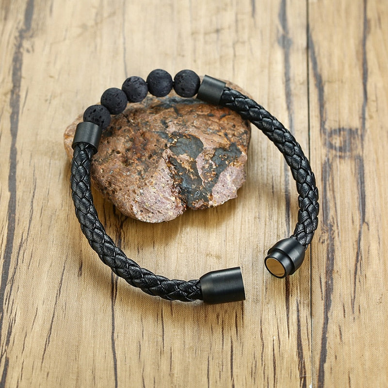 Men's Black Leather Volcanic Beaded Braclets