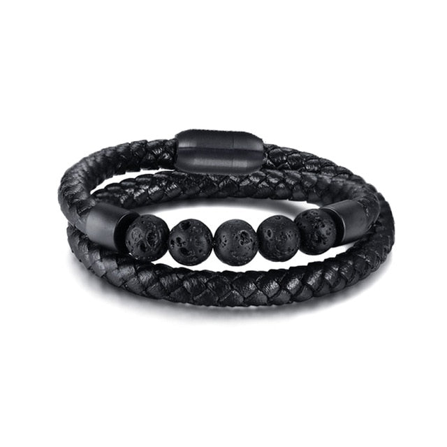 Men's Black Leather Volcanic Beaded Braclets