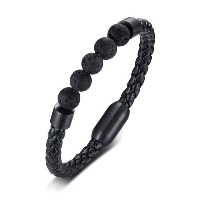 Men's Black Leather Volcanic Beaded Braclets