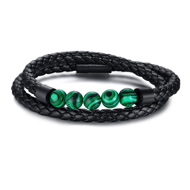 Men's Black Leather Volcanic Beaded Braclets