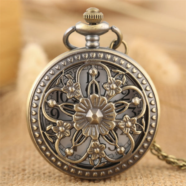 Reloj de bolsillo Elegance Flowers de bronce con diseño de cazador hueco