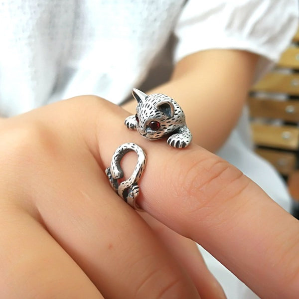 Anillos de gato retro de lujo en color plata de estilo romántico para mujer