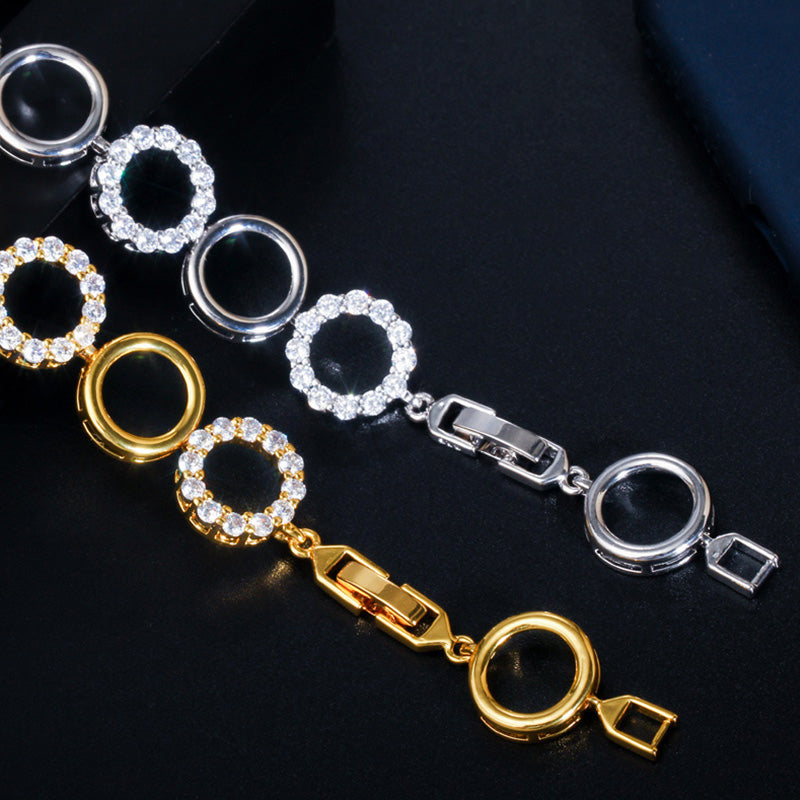 Trendy Sparkling White Cubic Zircon Yellow Gold Round Big Link Chain Bracelets