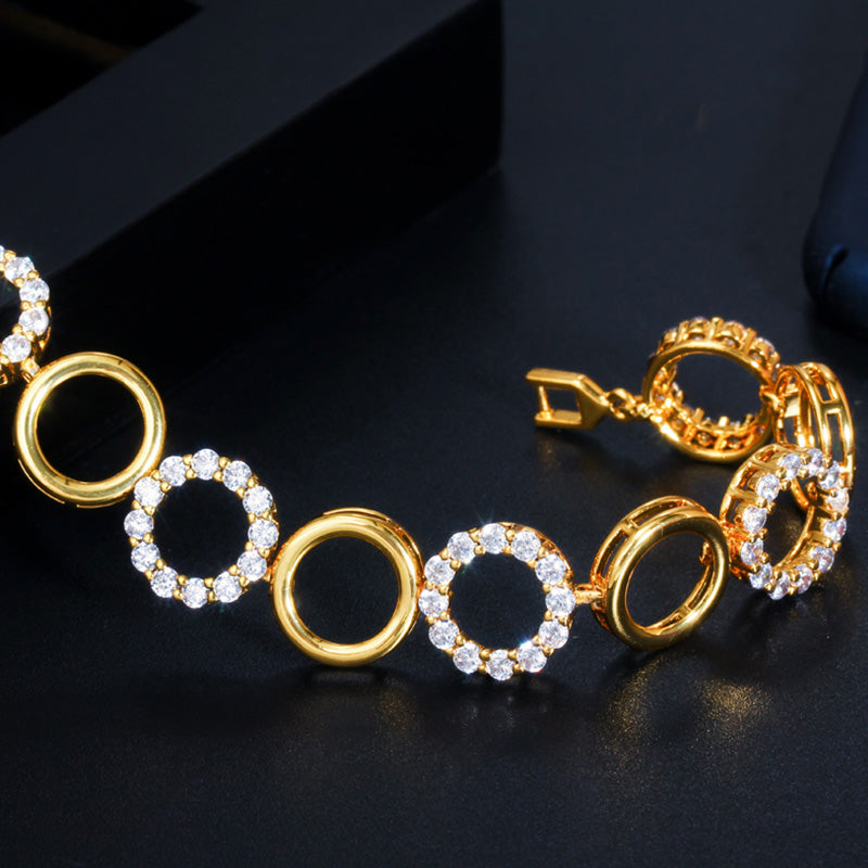 Trendy Sparkling White Cubic Zircon Yellow Gold Round Big Link Chain Bracelets