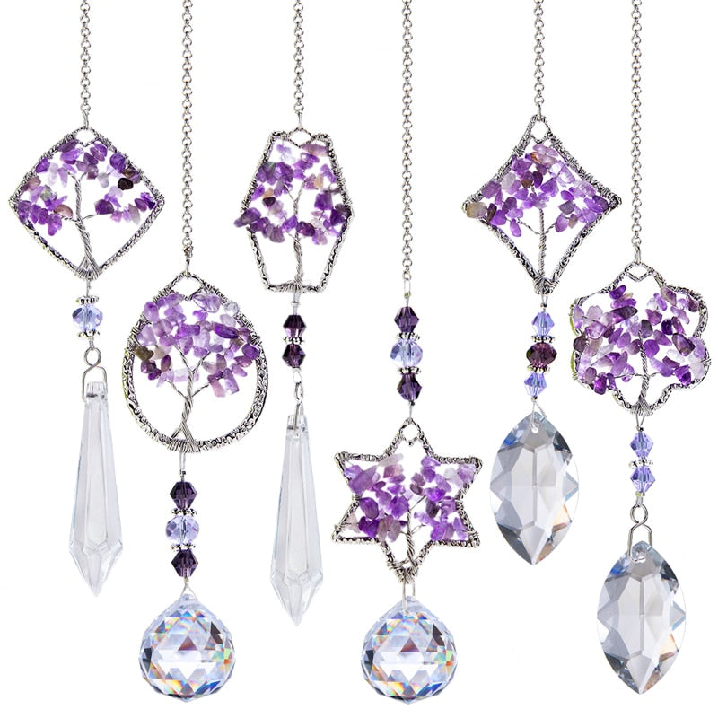 Rainbow Maker Crystal Tree of Life Suncatcher Healing Hanging Chakra Glass Pendant