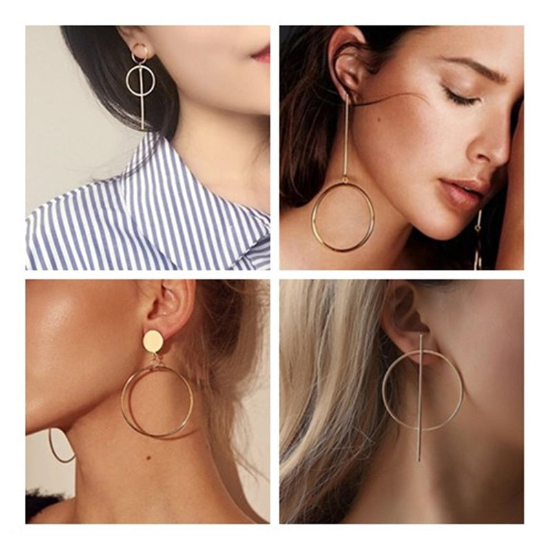 NEW Gold Metal Long Circle Pendant Earings Tassel Earrings