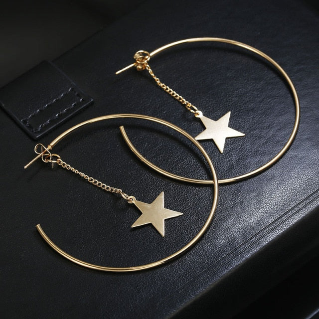 NEW Gold Metal Long Circle Pendant Earings Tassel Earrings