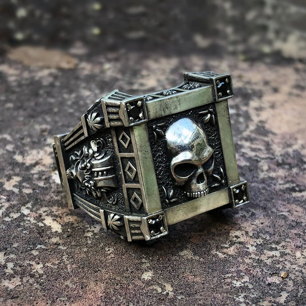Gothic Skull Flower Black Zircon Crystal Stainless Steel Signet Ring
