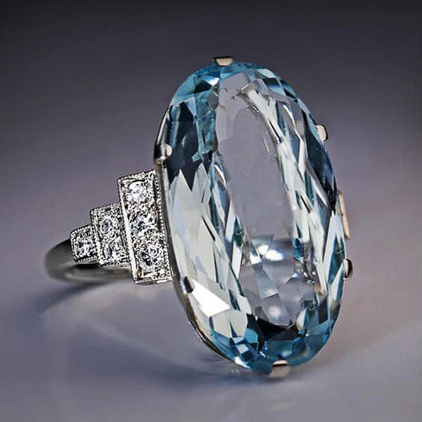 Female Light Sky Blue Wedding Ring Solitaire Band Oval Stone Rings