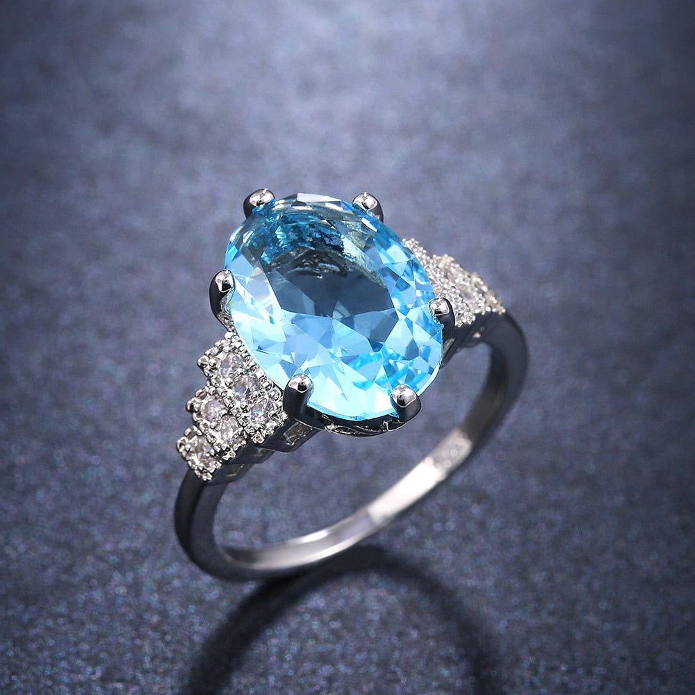 Female Light Sky Blue Wedding Ring Solitaire Band Oval Stone Rings