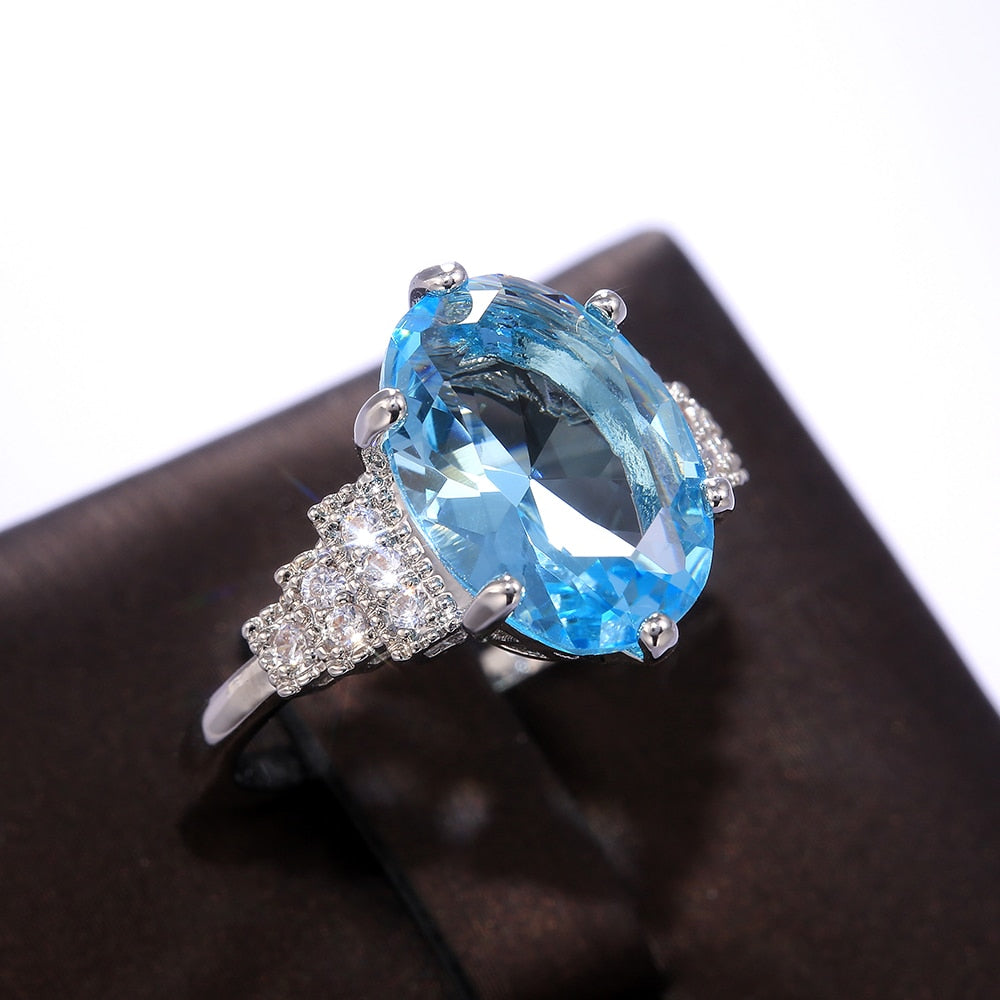 Female Light Sky Blue Wedding Ring Solitaire Band Oval Stone Rings