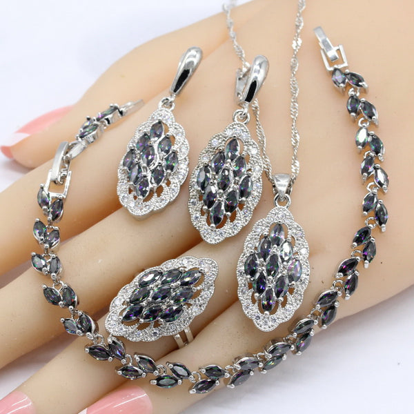 Multicolor Rainbow Marquise Cut Bracelet Drop Earrings Jewelry Sets