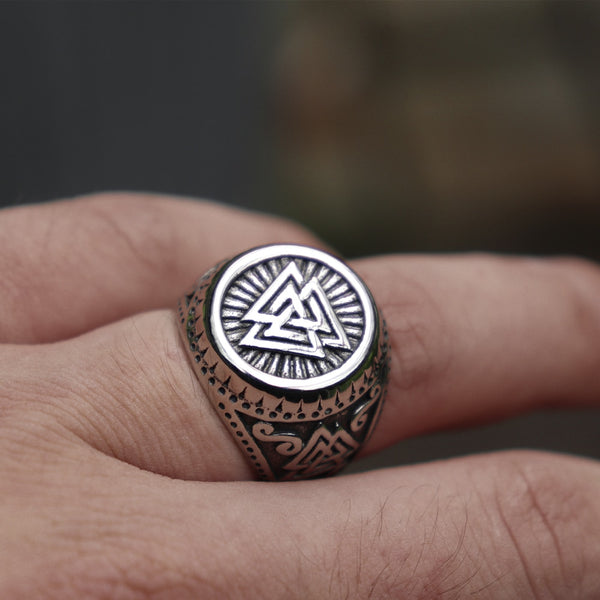 Men Viking Stainless Steel Ring Valknut Norse Style Odin Runes Amulet Ring