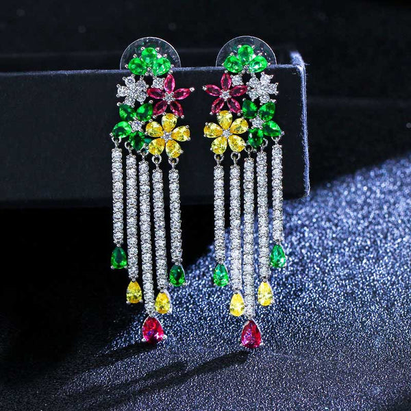 Pendientes largos de lujo con circonitas cúbicas multicolores en color plata para niña