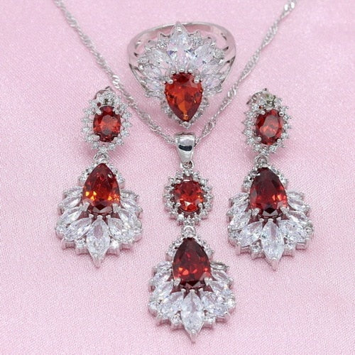 4 Colors White Red Blue Green Crystal Silver Color Jewelry Sets