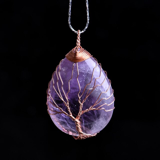 natural rose quartz amethyst tree life guard mineral  pendant