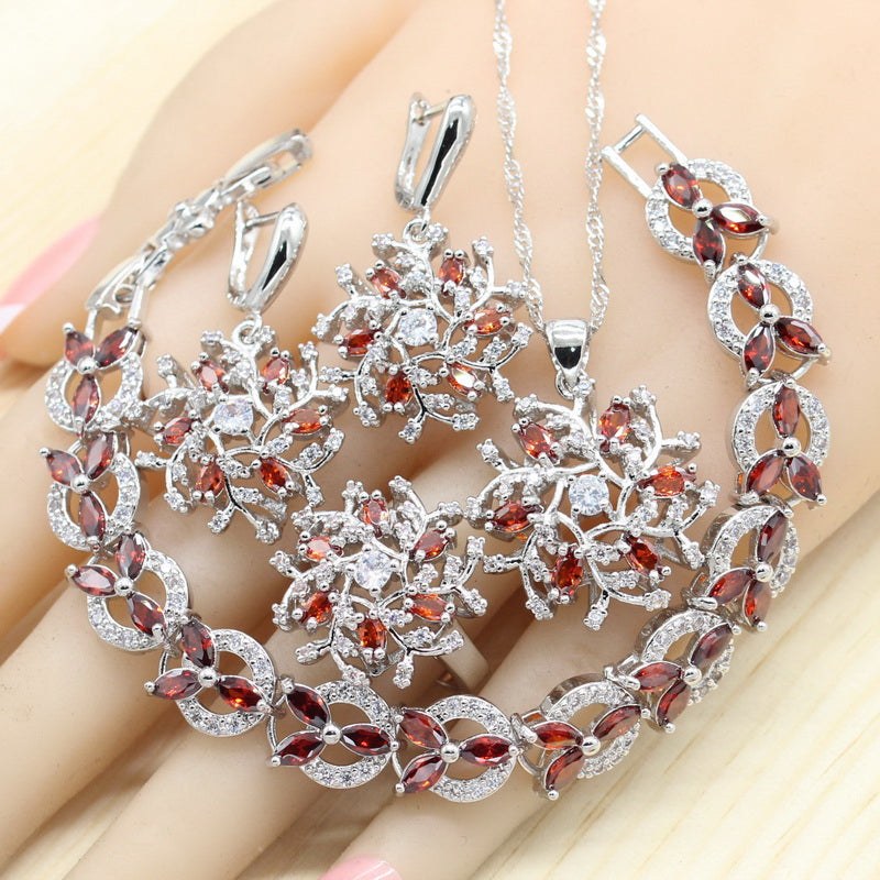 White Red Zircon Silver Color Jewelry Sets Women