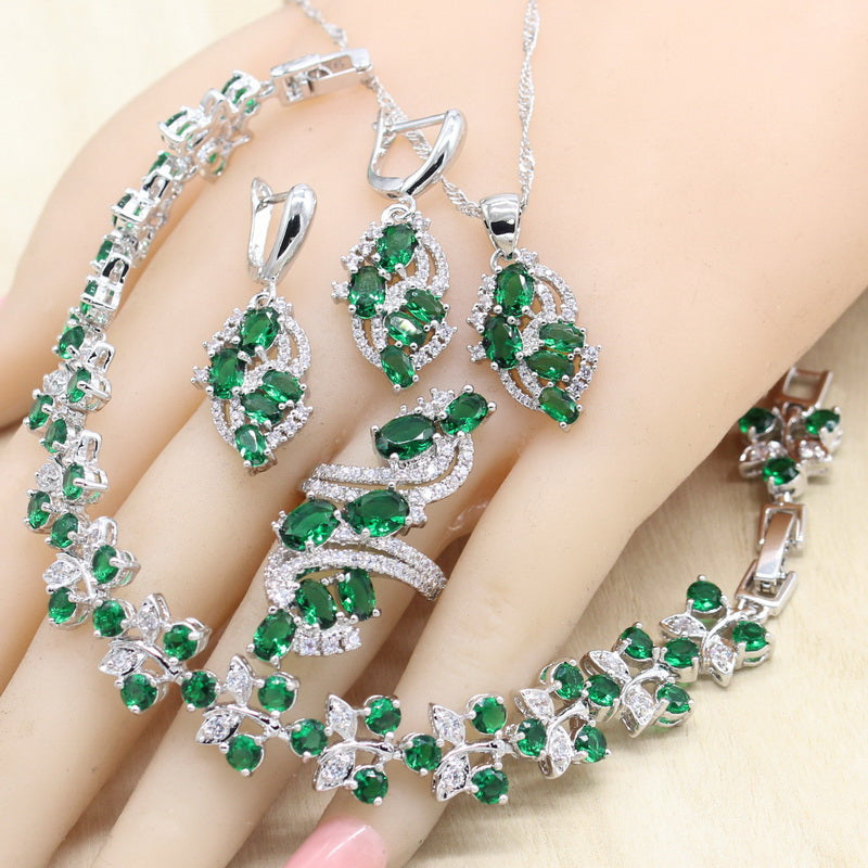 Green Semi-precious Women Silver Color Wedding Jewelry Sets