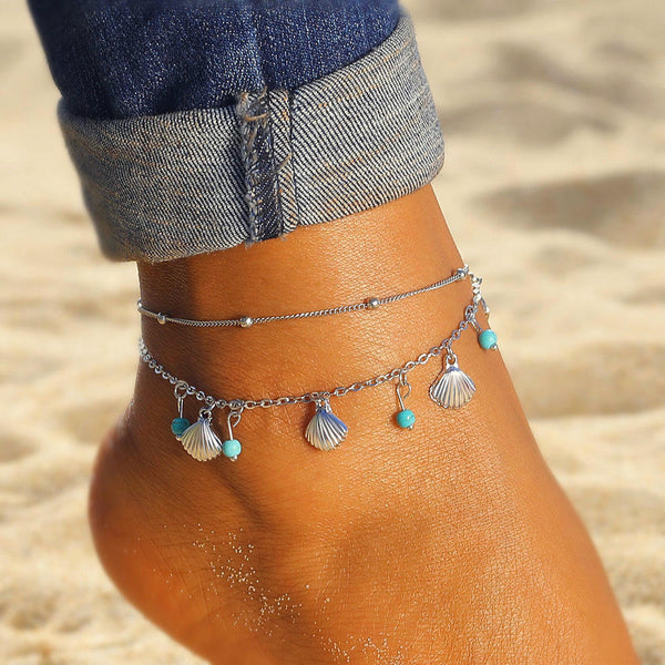Tobilleras con colgante de concha para mujer, conjunto de tobilleras con cuentas de piedra vintage