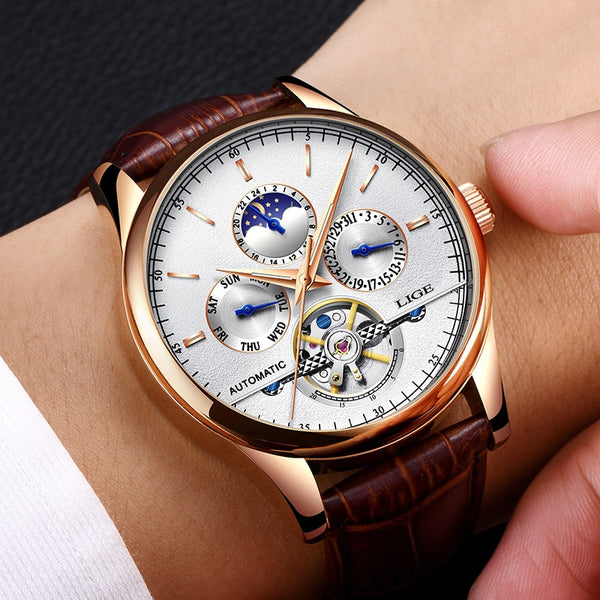 Reloj mecánico automático de lujo para hombre, de cuero, resistente al agua, con semana y caja.