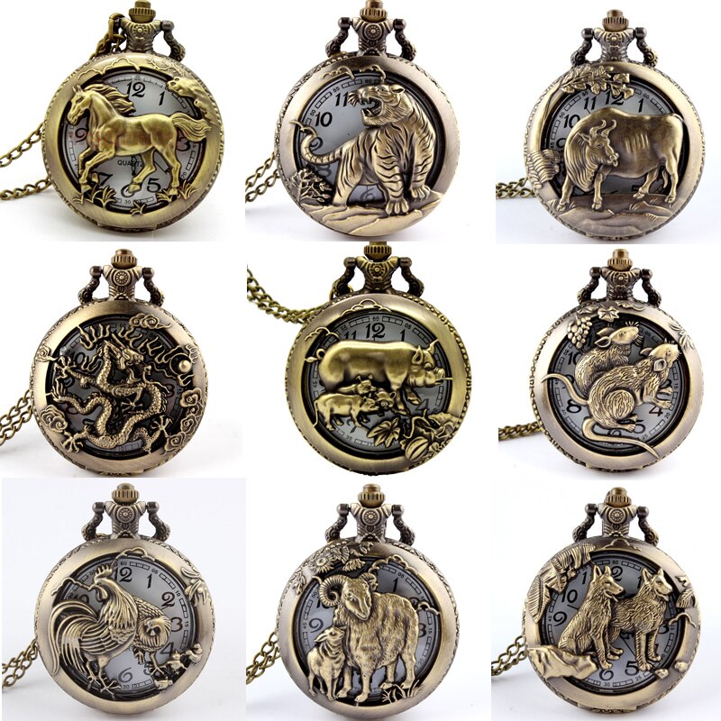 Retro Antique Chinese Zodiac Openwork Pendant Necklace Pocket Fob Watch
