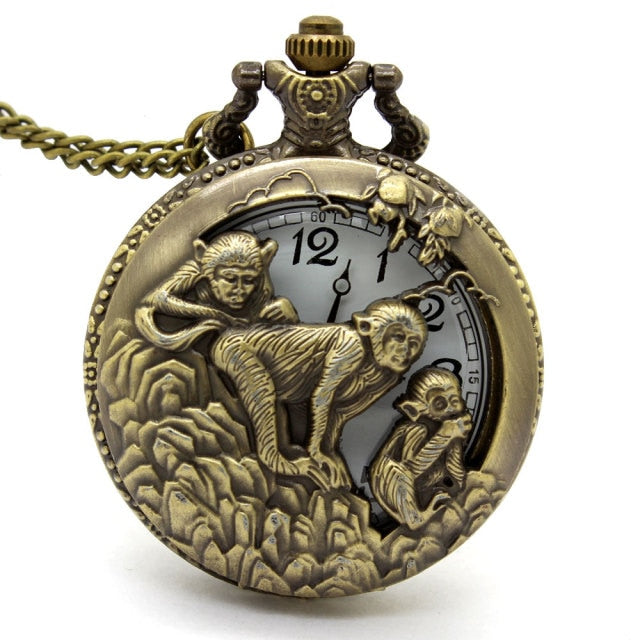 Retro Antique Chinese Zodiac Openwork Pendant Necklace Pocket Fob Watch