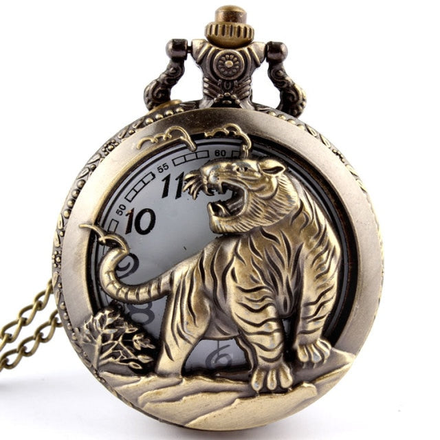 Retro Antique Chinese Zodiac Openwork Pendant Necklace Pocket Fob Watch