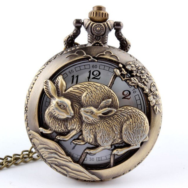 Retro Antique Chinese Zodiac Openwork Pendant Necklace Pocket Fob Watch