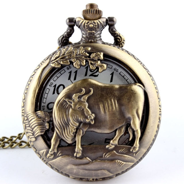 Retro Antique Chinese Zodiac Openwork Pendant Necklace Pocket Fob Watch