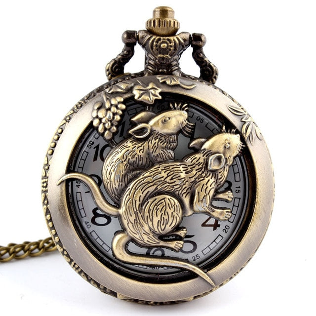 Retro Antique Chinese Zodiac Openwork Pendant Necklace Pocket Fob Watch