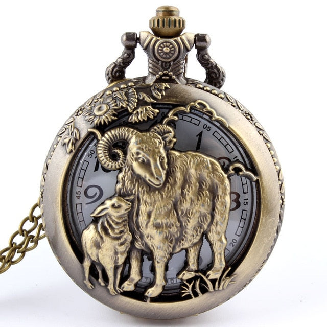 Retro Antique Chinese Zodiac Openwork Pendant Necklace Pocket Fob Watch