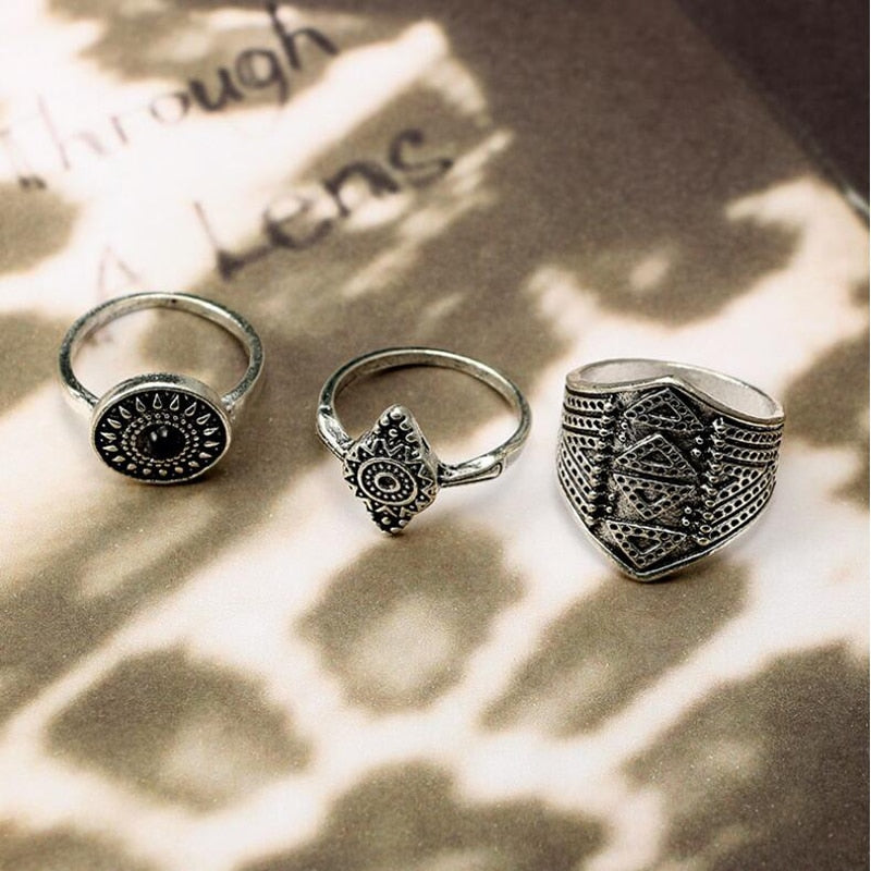 Bohemia Antique Arrow Leaf Carved Rings Sets