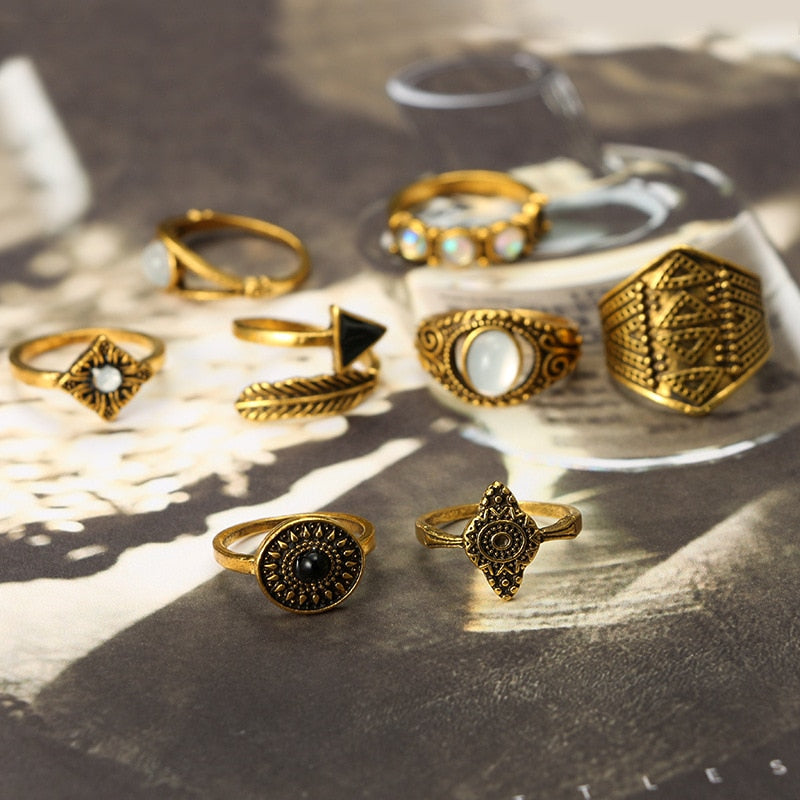 Bohemia Antique Arrow Leaf Carved Rings Sets