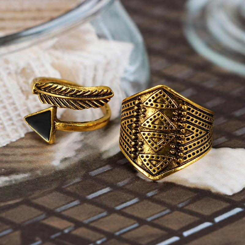 Bohemia Antique Arrow Leaf Carved Rings Sets