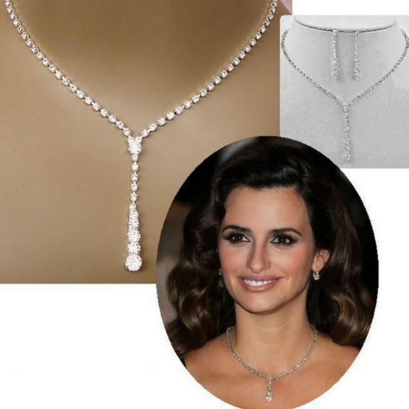 Rhinestone Necklace Earrings Jewelry Set