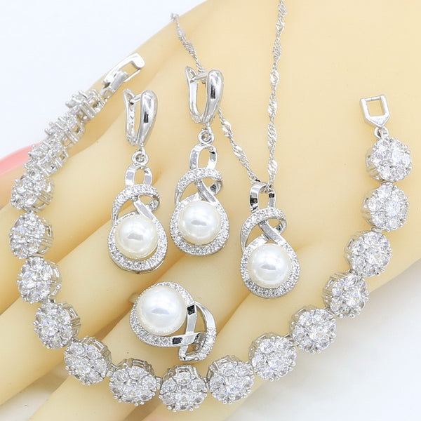 Conjuntos de joyas de perlas blancas de color plata para mujer