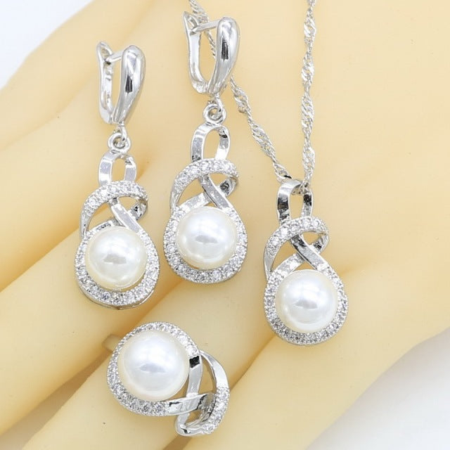 Silver Color White Pearl Jewelry Sets For Women
