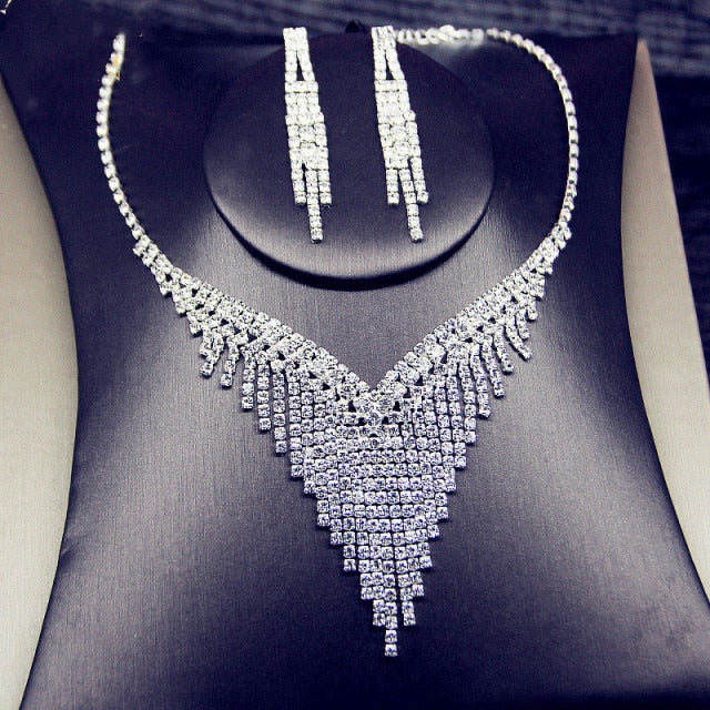Shine Geometric Rhinestone Necklace Earrings Jewelry Sets