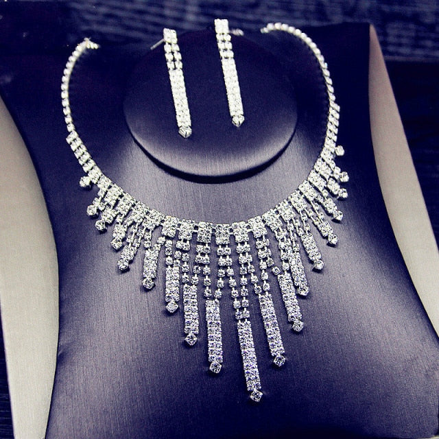 Shine Geometric Rhinestone Necklace Earrings Jewelry Sets
