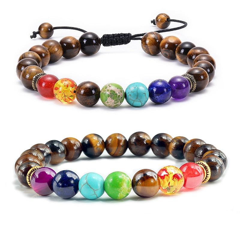 7 Chakra Beads Natural Lava Tiger Eye Stone Bracelet For Women