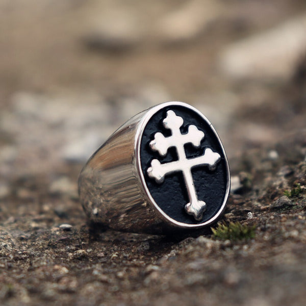 Classic Cross of Lorraine Signet Rings Mens Stainless Steel Biker Ring
